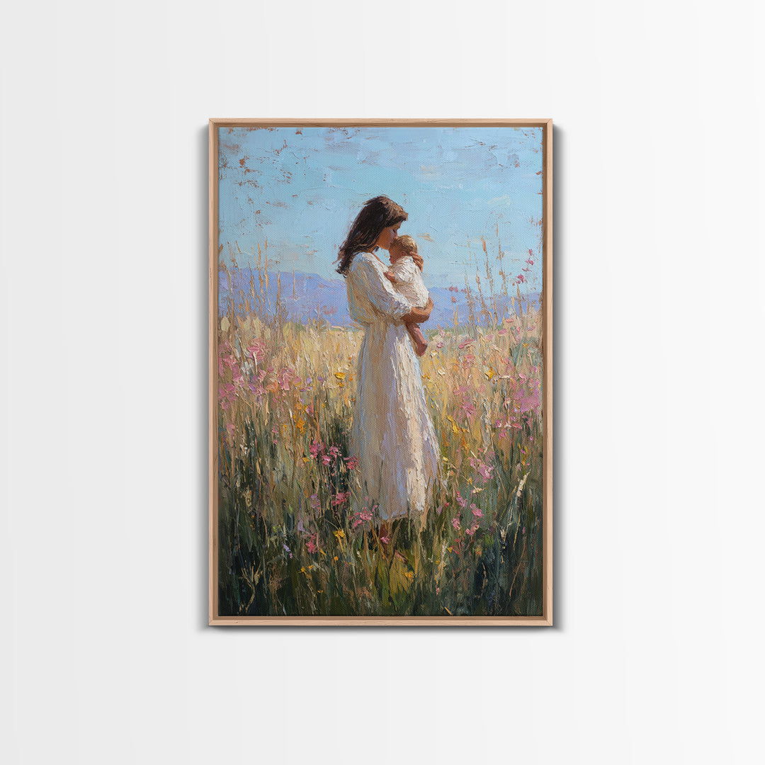 Mother And Baby In Sunlit Wildflower Field Framed Canvas Print, Impressionist Painting, Nursery Wall Art, Gift For Mom, Decor