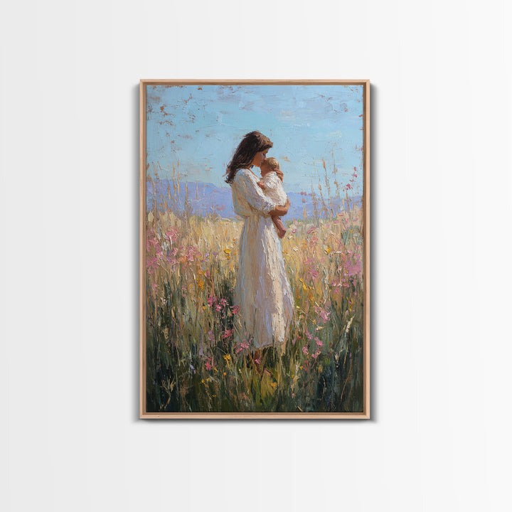 Mother And Baby In Sunlit Wildflower Field Framed Canvas Print, Impressionist Painting, Nursery Wall Art, Gift For Mom, Decor