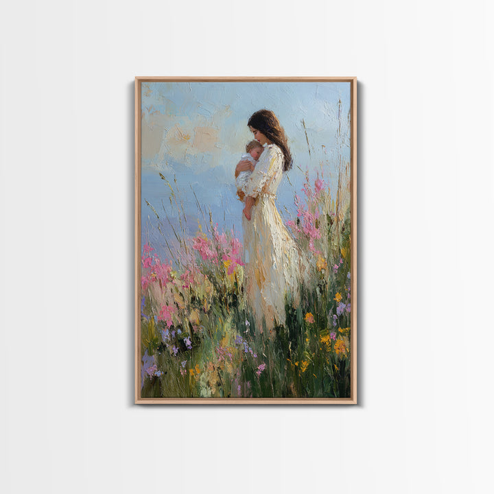Mother And Newborn In Pink Wildflower Garden Wall Art, Impressionist Oil Painting, Feminine Nursery Decor, Gift For Mom, Home Decor