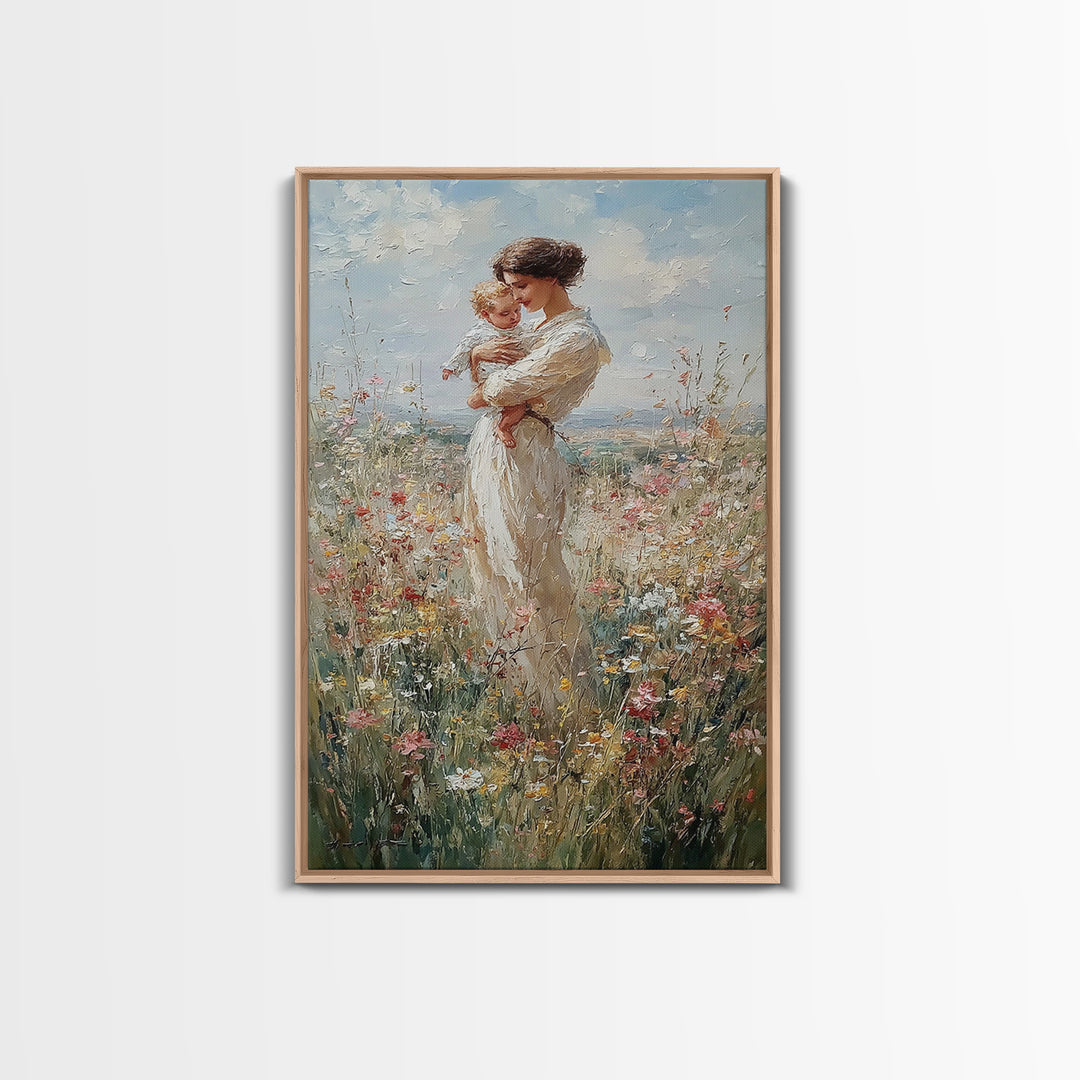 Mother And Baby Among Daisies And Wildflowers Framed Canvas Print, Impressionist Painting, Nursery Wall Art, Gift For Mom