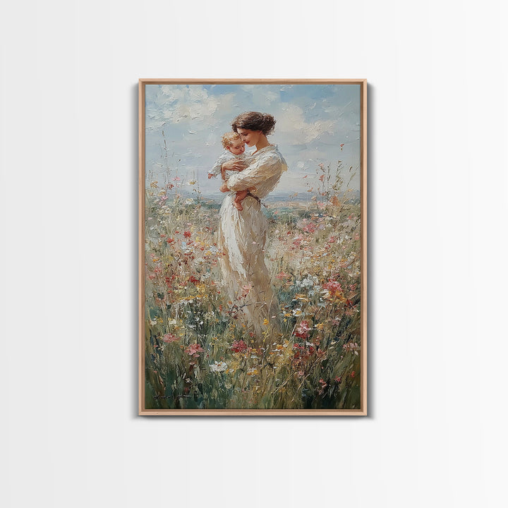 Mother And Baby Among Daisies And Wildflowers Framed Canvas Print, Impressionist Painting, Nursery Wall Art, Gift For Mom