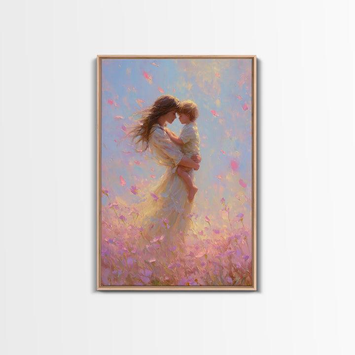 Mother Holding Child In Pink Petal Meadow Framed Canvas Print, Dreamy Impressionist Painting, Feminine Wall Art, Gift For Mom