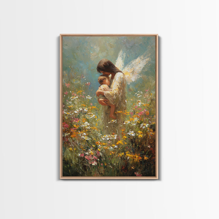 Angel Mother Holding Baby In Wildflower Meadow Framed Canvas Print, Guardian Angel Nursery Art, Spiritual Gift For Mom, Home Decor