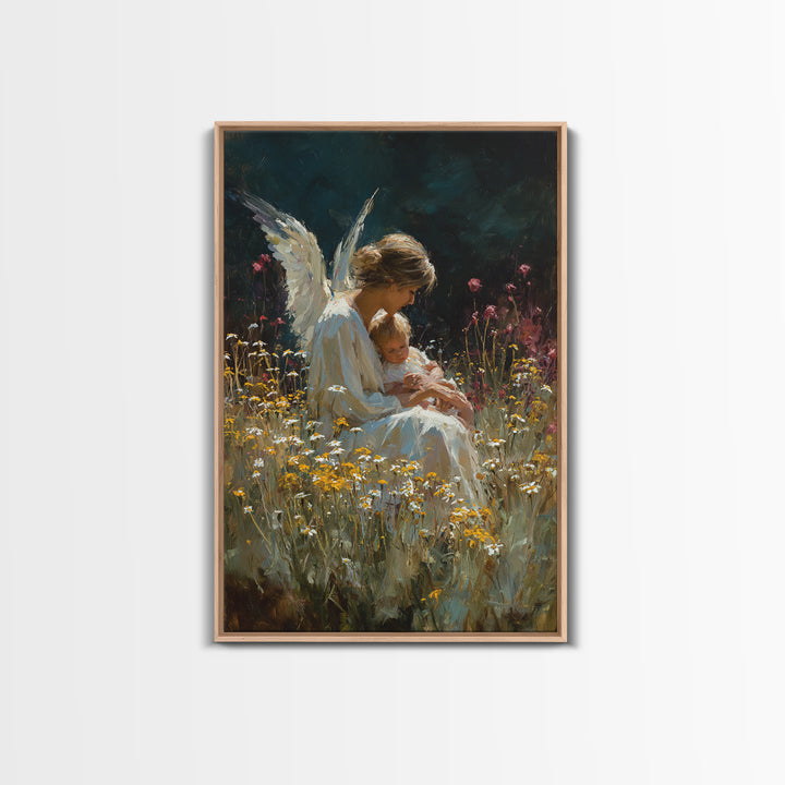 Seated Guardian Angel With Baby In Daisy Meadow Canvas Print, Spiritual Nursery Wall Art, Gift For Her, Moody Home Decor
