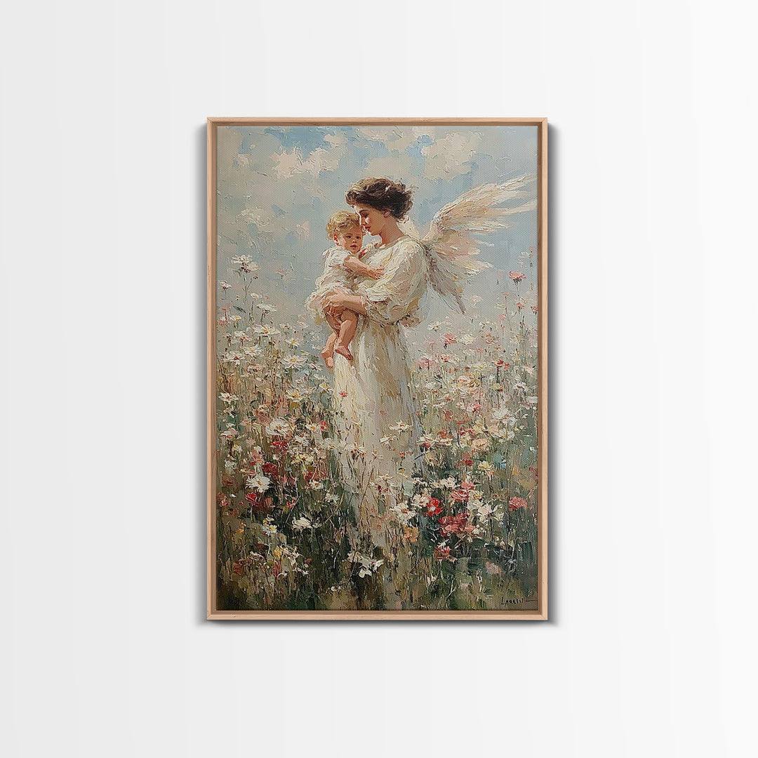 Standing Guardian Angel Holding Baby In Wildflower Field Canvas Print, Spiritual Wall Art, Nursery Decor, Gift For Mom, Home Decor