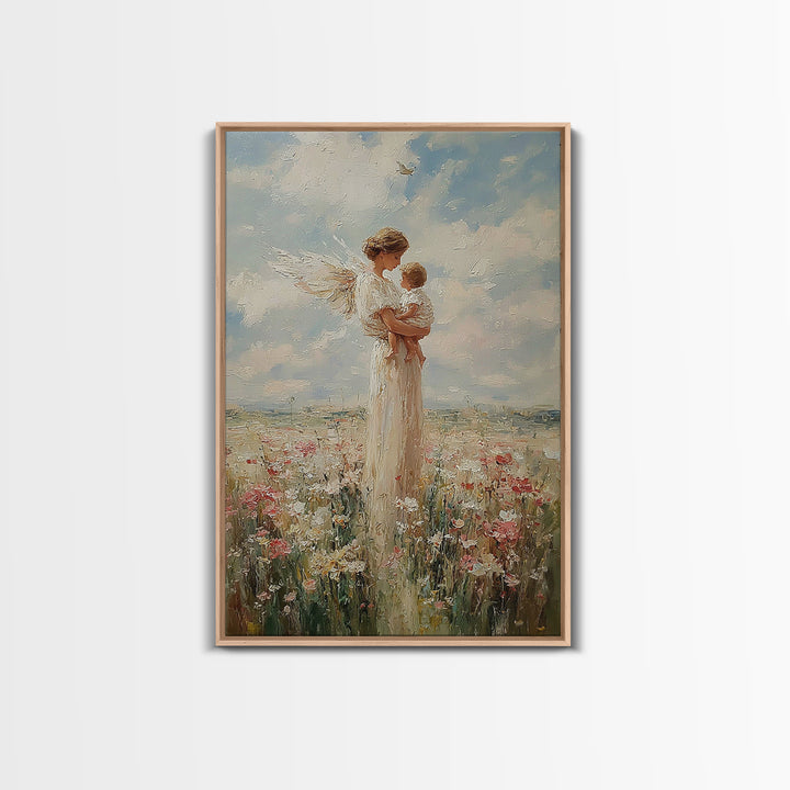 White Winged Angel Cradling Baby In Sunny Meadow Wall Art, Christian Nursery Decor, Spiritual Gift For Mom, Fine Art Print