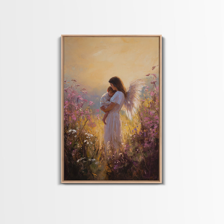 Sunset Angel Mother Holding Baby Among Purple Wildflowers Canvas Print, Spiritual Wall Art, Gift For Mom, Nursery Home Decor