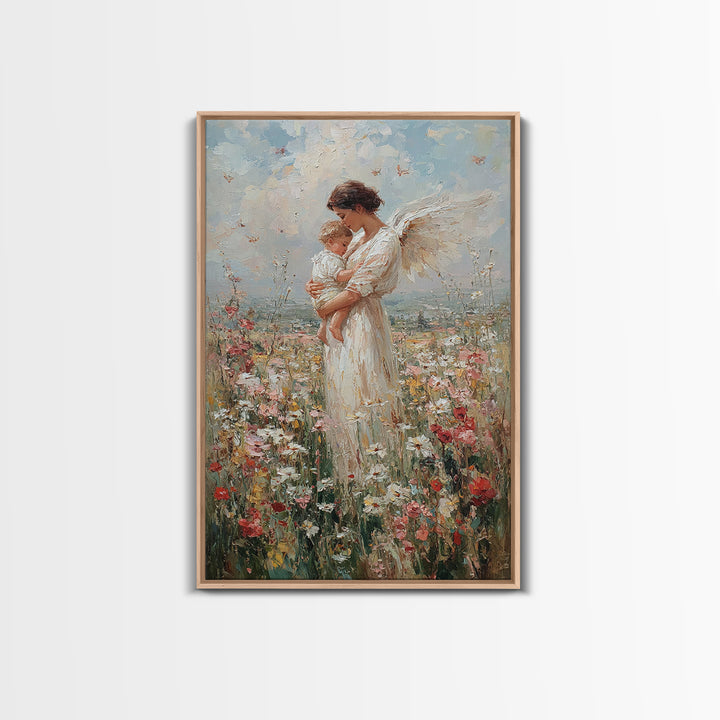 Guardian Angel Mother And Baby In Wildflower Meadow Wall Art, Spiritual Nursery Decor, Christian Gift, Fine Art Print, Home Decor