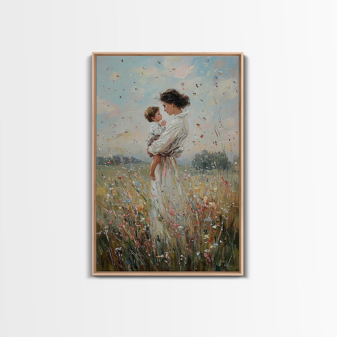 Mother And Baby In Windy Wildflower Meadow Canvas Print, Feminine Wall Art, Nursery Decor, Gift For Mom, Home Decor, Living Room Decor