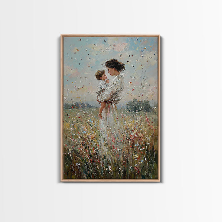 Mother And Baby In Windy Wildflower Meadow Canvas Print, Feminine Wall Art, Nursery Decor, Gift For Mom, Home Decor, Living Room Decor