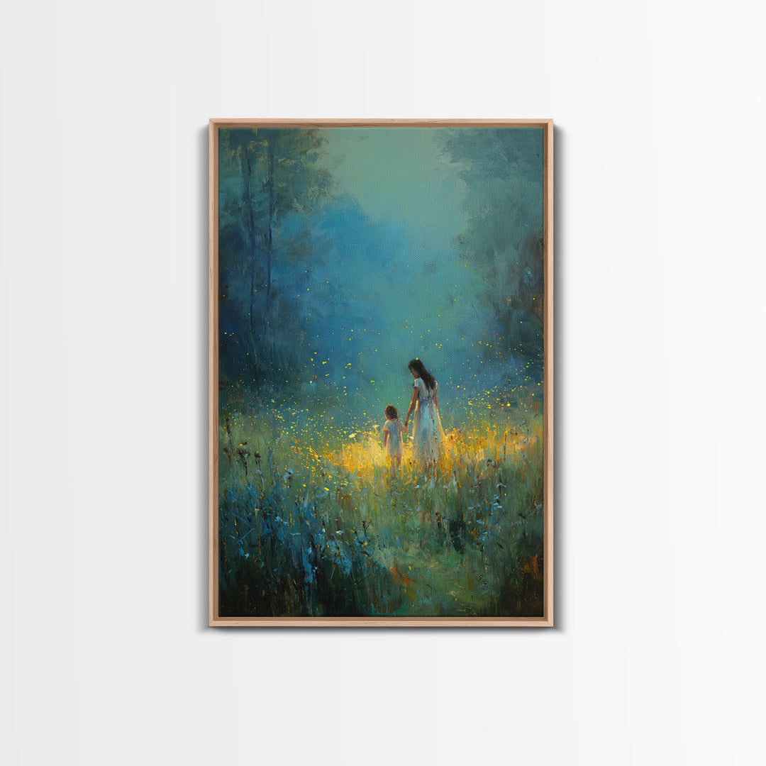 Mother And Child In Glowing Blue Forest Framed Canvas Print, Fantasy Wall Art, Nature Wall Art, Nursery Decor, Gift For Her