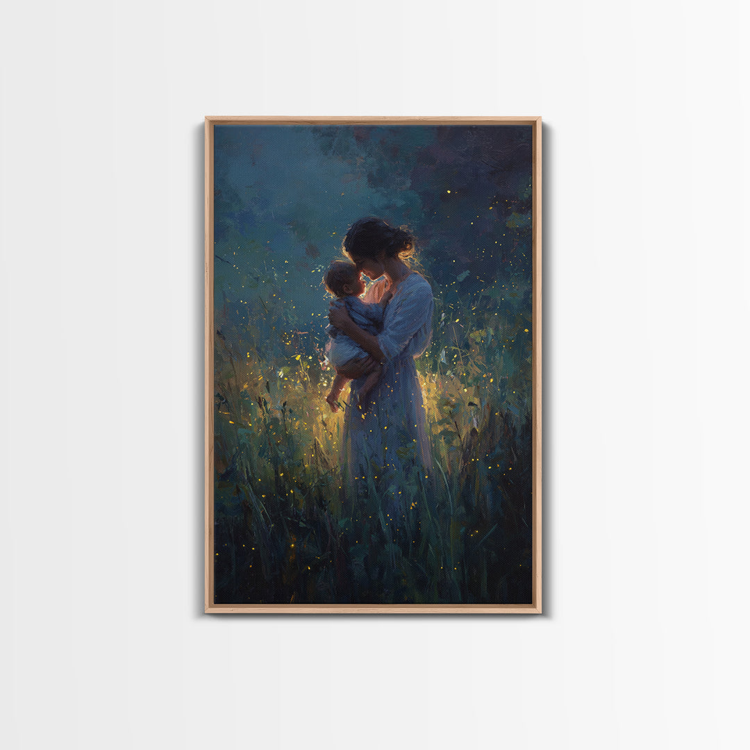 Mother And Baby With Golden Fireflies At Night Framed Canvas Print, Moody Wall Art, Spiritual Gift, Bedroom Wall Art, Nursery Decor