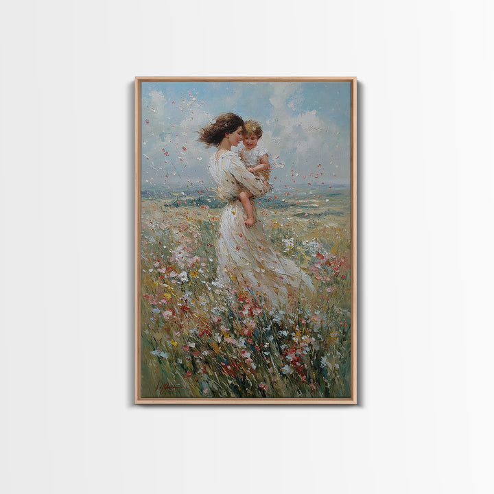 Windblown Mother And Baby In Flower Meadow Canvas Print, Feminine Wall Art, Nursery Decor, Fine Art Print, Gift For Mom, Home Decor