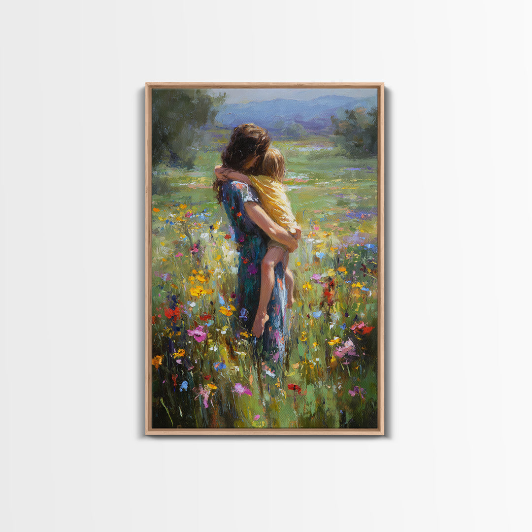 Mother Carrying Child Through Wildflower Meadow Canvas Print, Impressionist Floral Wall Decor, Nursery Art, Gift For Mom