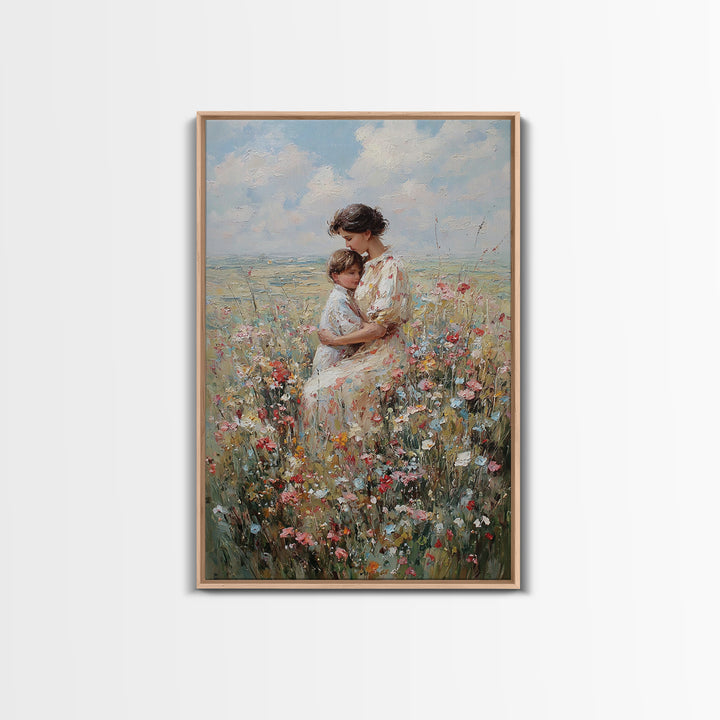 Seated Mother And Child In Coastal Wildflowers Canvas Print, Impressionist Floral Wall Art, Beach House Decor, Gift For Mom