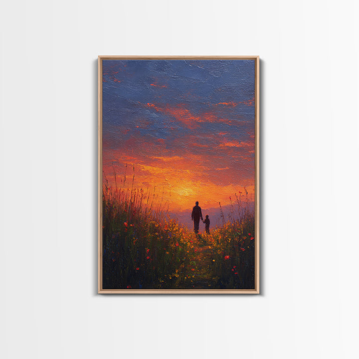 Father And Child Walking At Sunset Wall Art, Colorful Wildflower Meadow Canvas, Family Gift, Living Room Decor, Housewarming Gift