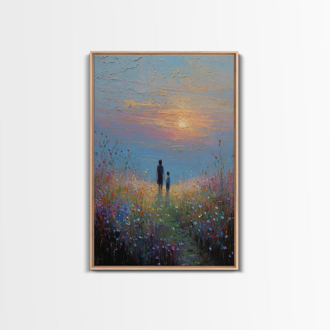 Parent And Child In Misty Wildflower Meadow Canvas Print, Textured Sunset Landscape Wall Art, Calming Living Room Decor Gift