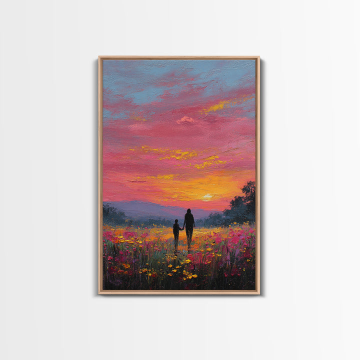 Father And Child Walking Through Pink Sunset Meadow Wall Art, Colorful Landscape Canvas Print, Family Gift, Bedroom Decor