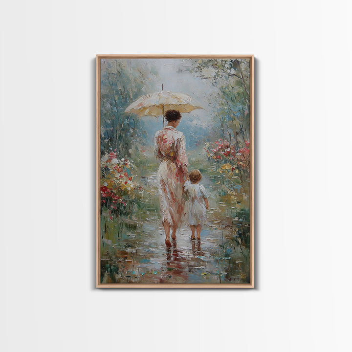 Mother And Child Under Umbrella In Rain Garden Wall Art, Impressionist Oil Painting, Nursery Decor, Gift For Mom, Living Room Decor