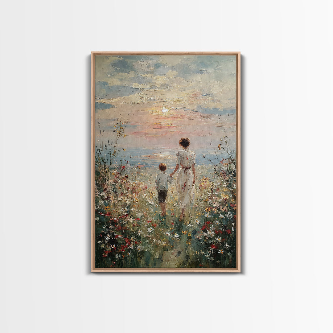 Mother And Child Sunset Seaside Wall Art, Wildflower Path Oil Painting, Coastal Decor, Gift For Mom, Living Room Art, Fine Art Print