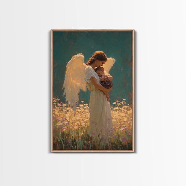 Guardian Angel Holding Baby In Flower Meadow Framed Canvas Print, Spiritual Wall Art, Nursery Decor, Gift For Mom, Baby Shower Gift