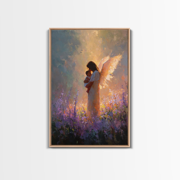 Glowing Guardian Angel With Baby In Lavender Field Canvas Print, Spiritual Wall Art, Christian Decor, Gift For Mom, Nursery Decor