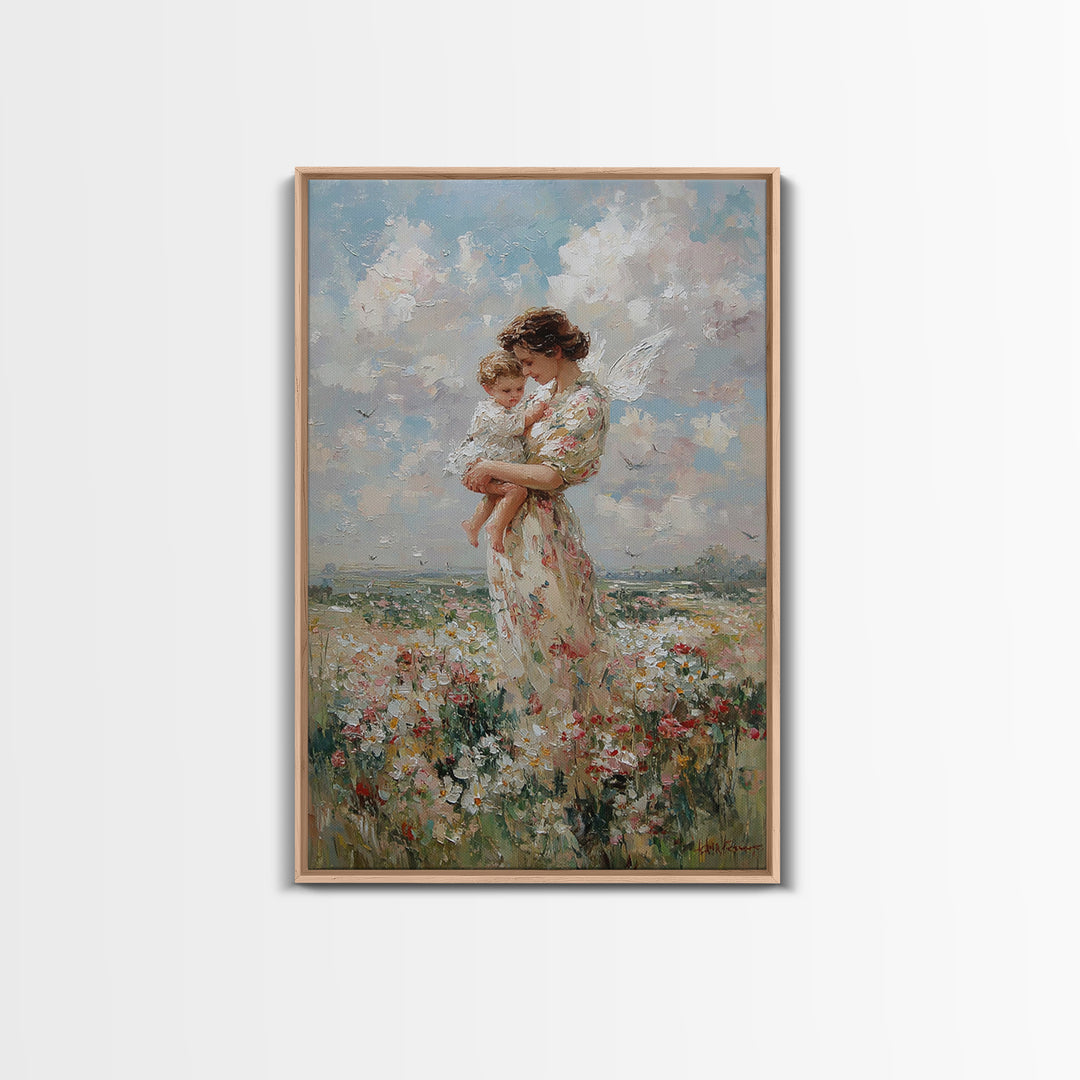 Mother Holding Baby In Daisy Meadow Wall Art, Impressionist Oil Painting, Nursery Decor, Gift For Mom, Fine Art Print, Living Room Decor
