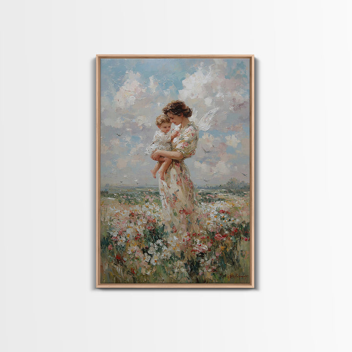 Mother Holding Baby In Daisy Meadow Wall Art, Impressionist Oil Painting, Nursery Decor, Gift For Mom, Fine Art Print, Living Room Decor