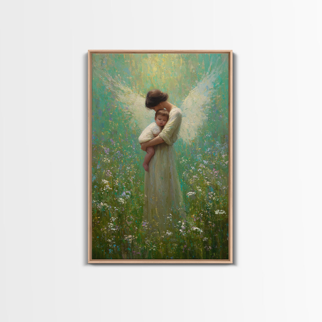Soft Guardian Angel Holding Baby In Green Meadow Canvas Print, Spiritual Wall Art, Nursery Decor, Baby Shower Gift, Gift For Mom