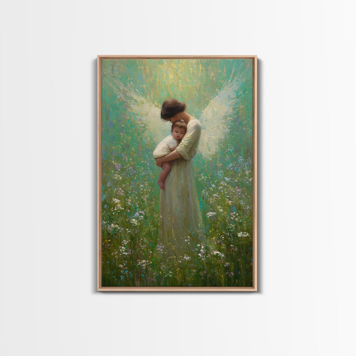 Soft Guardian Angel Holding Baby In Green Meadow Canvas Print, Spiritual Wall Art, Nursery Decor, Baby Shower Gift, Gift For Mom