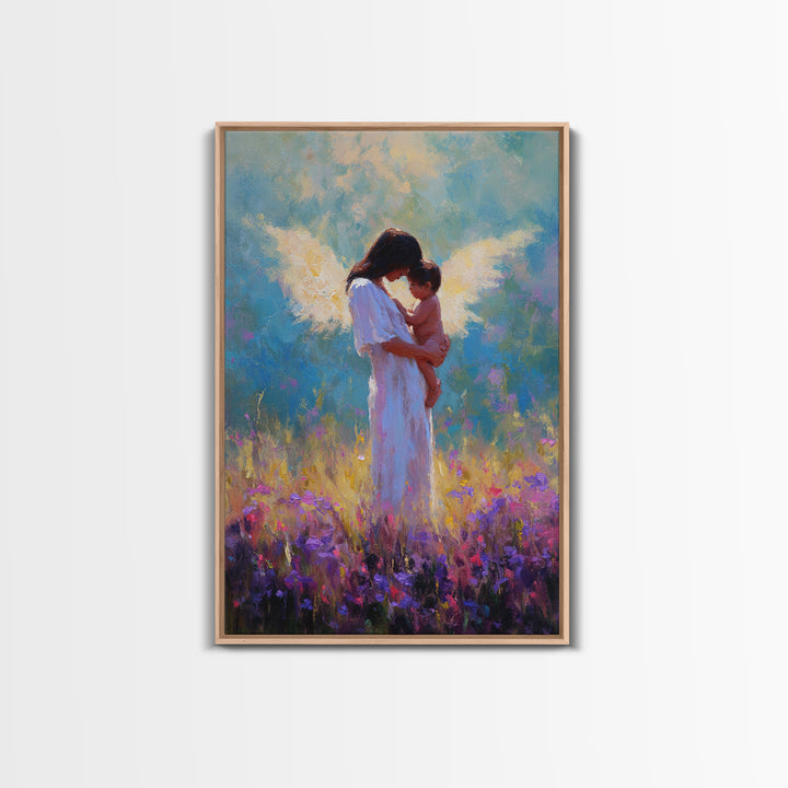 Angel Mother And Baby In Purple Wildflower Field Framed Canvas Print, Spiritual Wall Art, Nursery Decor, Gift For Mom, Baby Shower Gift