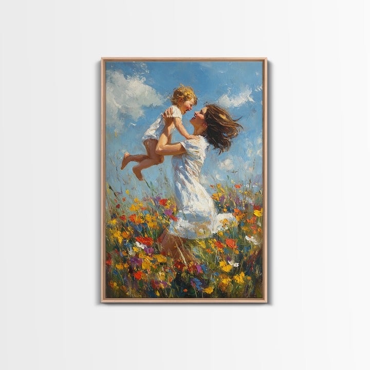 Mother And Child In Wildflower Meadow Wall Art, Impressionist Oil Painting Print, Nursery Decor, Gift For Mom, Feminine Home Decor