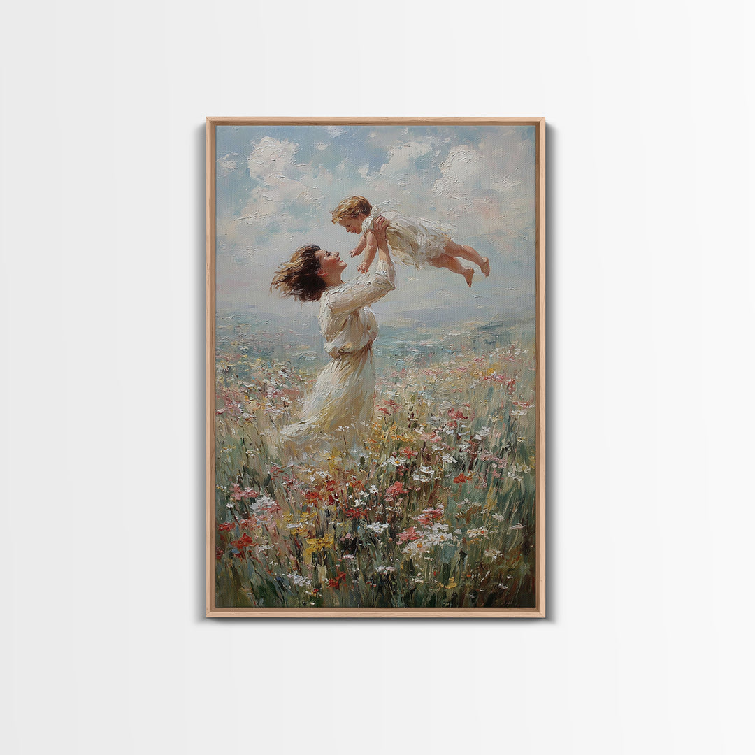 Mother Lifting Baby In Coastal Wildflowers Wall Art, Impressionist Oil Painting, Beach House Decor, Nursery Art, Gift For Her