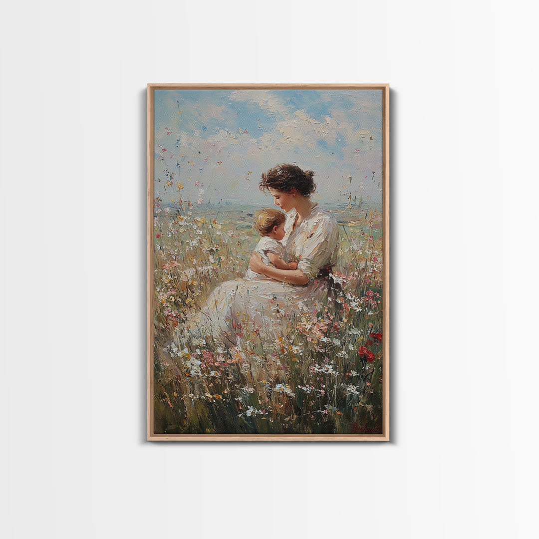 Nursing Mother And Baby In Wildflower Meadow Wall Art, Impressionist Oil Painting Print, Feminine Nursery Decor, Gift For Mom