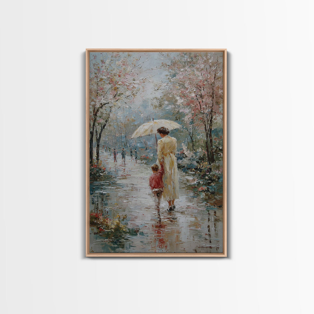 Mother And Child In Spring Rain Wall Art, Impressionist Umbrella Painting, Floral Path Canvas, Nursery And Living Room Decor