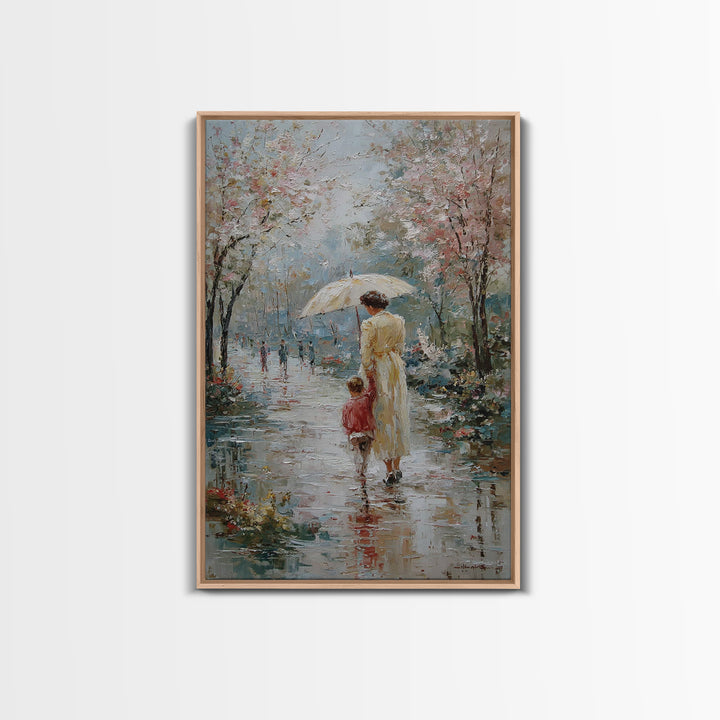 Mother And Child In Spring Rain Wall Art, Impressionist Umbrella Painting, Floral Path Canvas, Nursery And Living Room Decor