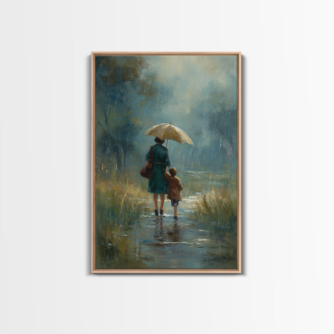 Mother And Child Rainy Pond Canvas Print, Moody Blue Impressionist Landscape Art, Umbrella Painting For Bedroom Decor, Home Decor