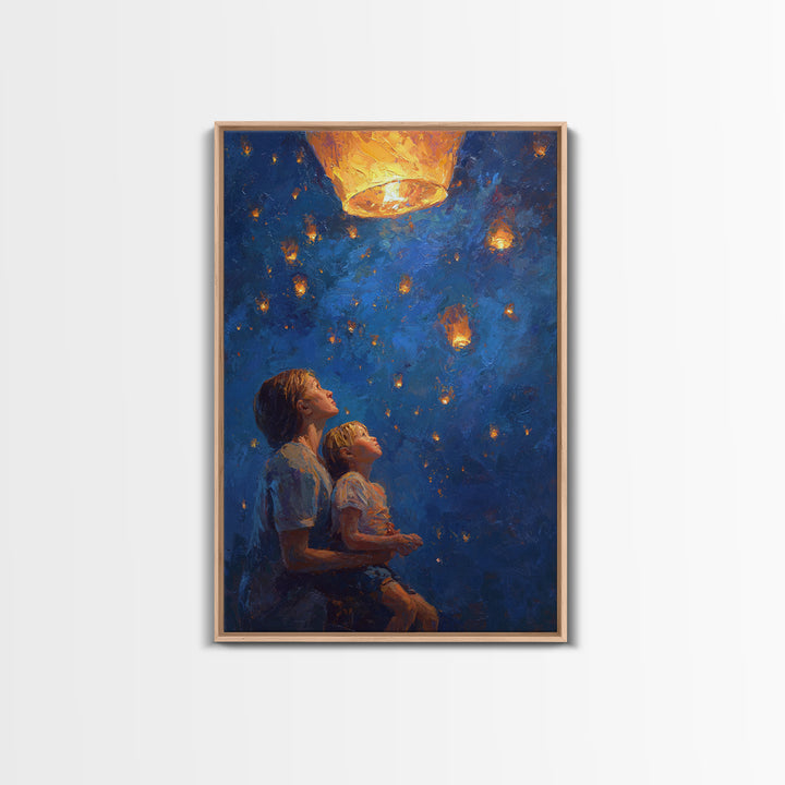 Mother And Child Under Glowing Lantern Framed Canvas Print, Blue Night Sky Wall Art, Celestial Family Bedroom Decor Gift