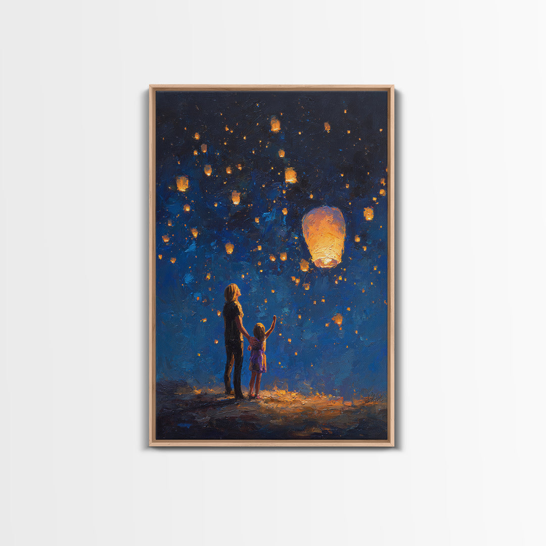 Mother And Daughter Lantern Festival Wall Art, Blue Night Celestial Canvas Print, Family Nursery Home Decor And Gift For Her