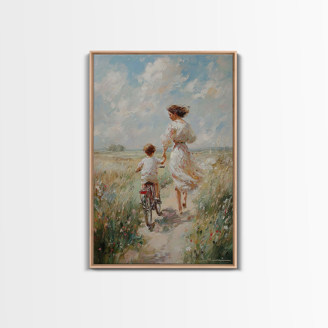 Mother In White Dress Walking With Child On Bicycle Canvas Print, Coastal Meadow Wall Art, Impressionist Family Home Decor