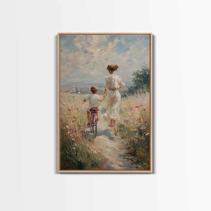 Windy Meadow Mother And Child Bike Ride Canvas Print, Coastal Landscape Wall Art, Wildflower Family Living Room Decor, Housewarming Gift