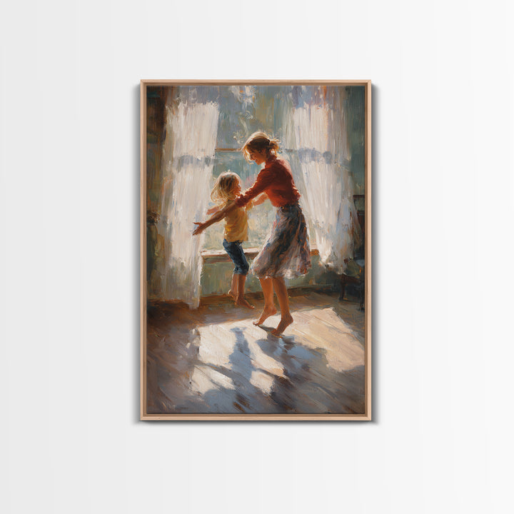 Sunlit Mother And Child Dancing By Lace Curtains Canvas Print, Impressionist Wall Art, Cozy Family Home Decor, Gift For Mom