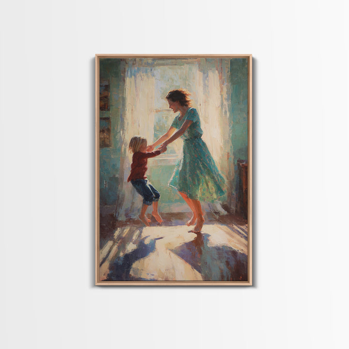 Mother And Child Dancing In Teal Dress Sunlight Canvas Print, Warm Impressionist Family Wall Art, Cozy Bedroom Decor, Gift For Her