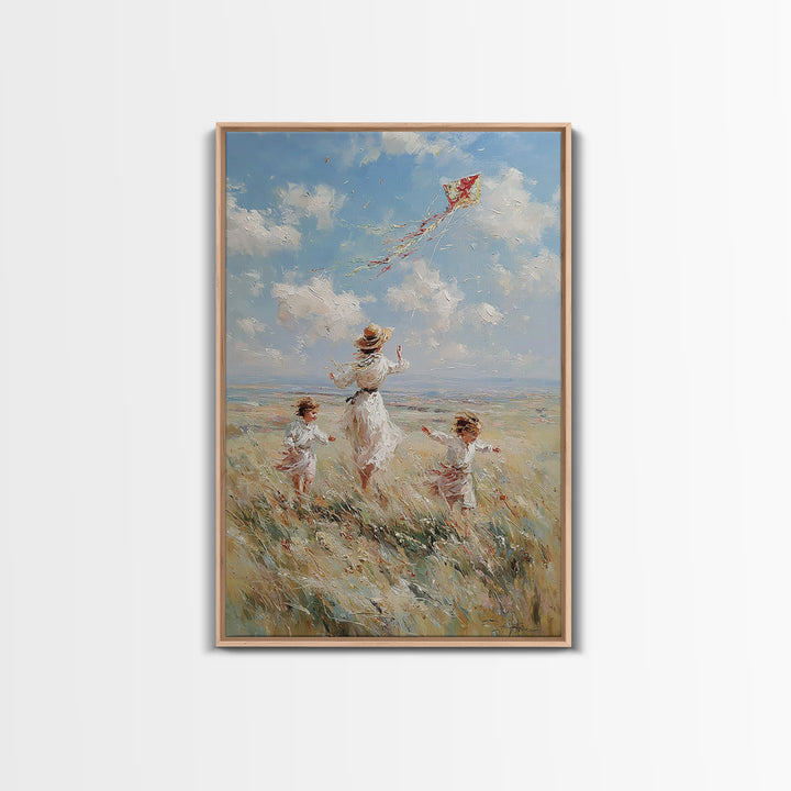 Mother And Children Flying Red Kite In Coastal Meadow Canvas Print, Whimsical Family Wall Art, Beach House Decor Gift For Her