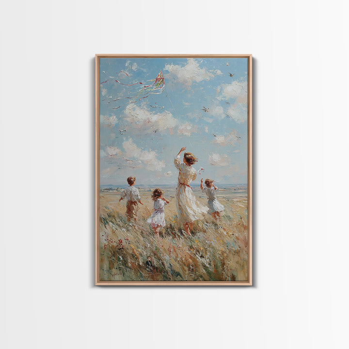 Mother And Children Flying Kite By Sea Canvas Print, Coastal Wall Art, Beach House Decor, Family Gift, Living Room Decor