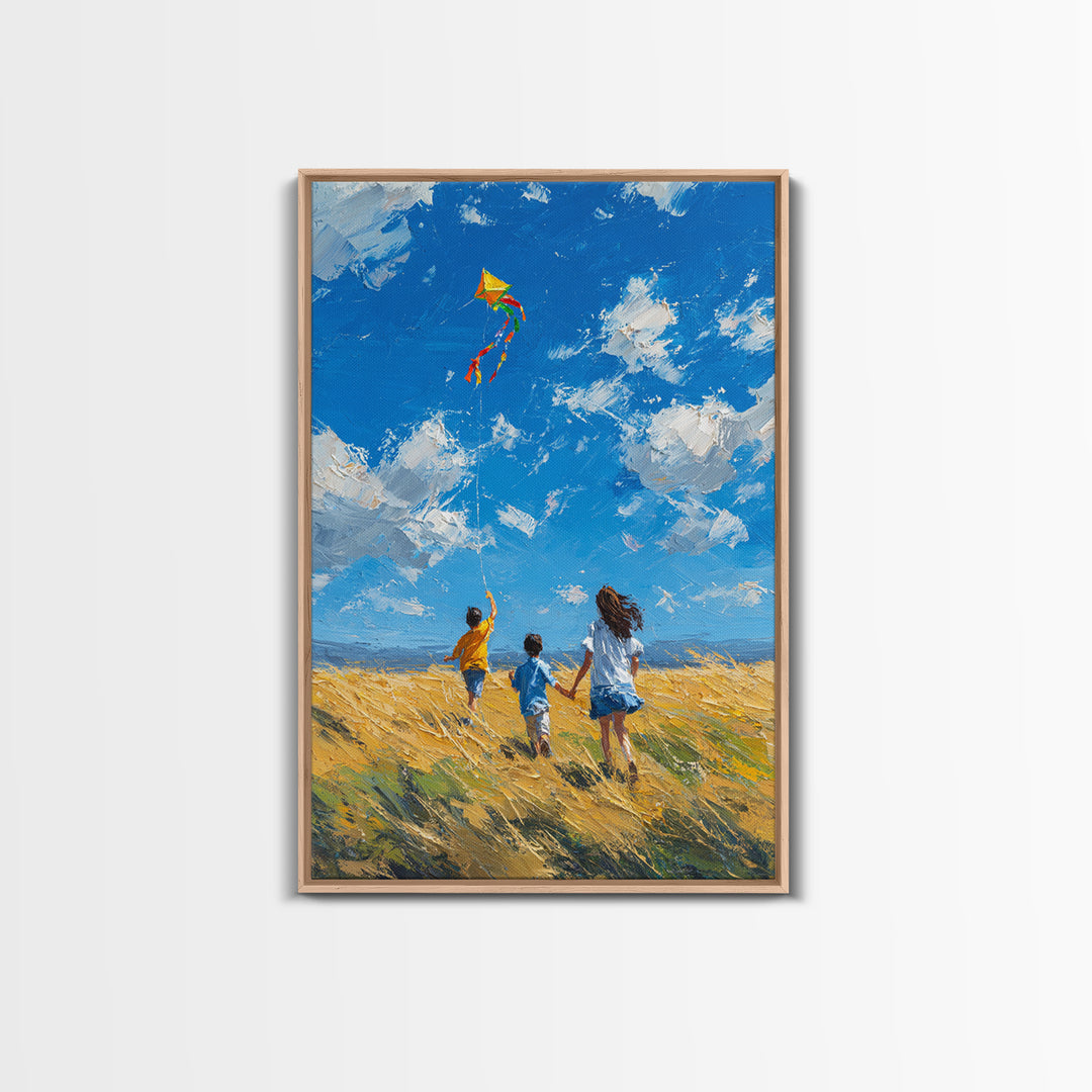 Children Chasing Bright Kite In Golden Field Framed Canvas Print, Colorful Wall Art, Summer Landscape, Kids Room Decor Gift