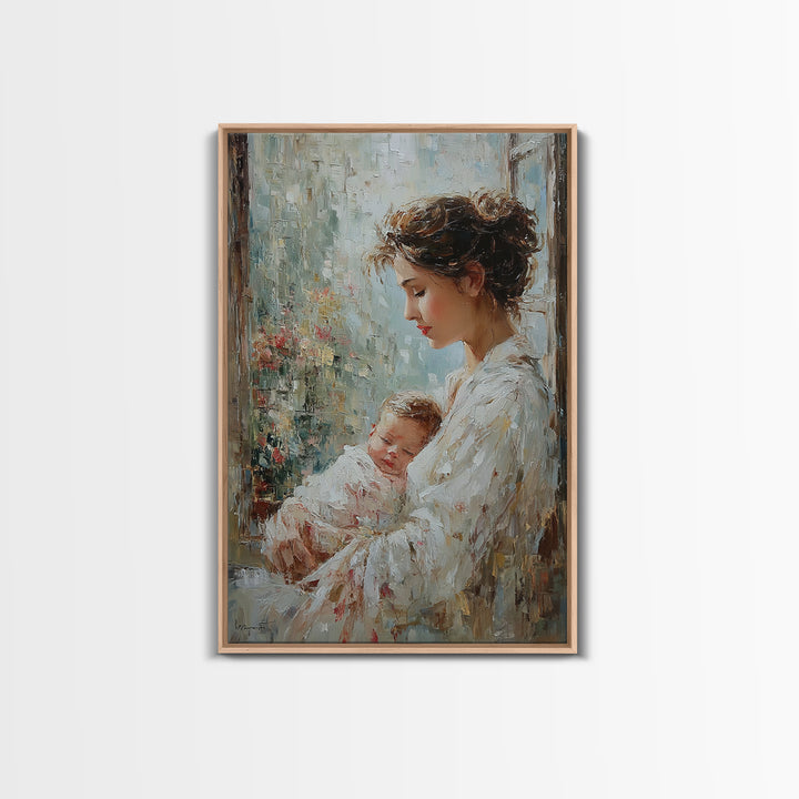 Mother Holding Sleeping Baby By Rainy Window Canvas Print, Feminine Wall Art, Nursery Decor, Gift For Mom, Bedroom Decor