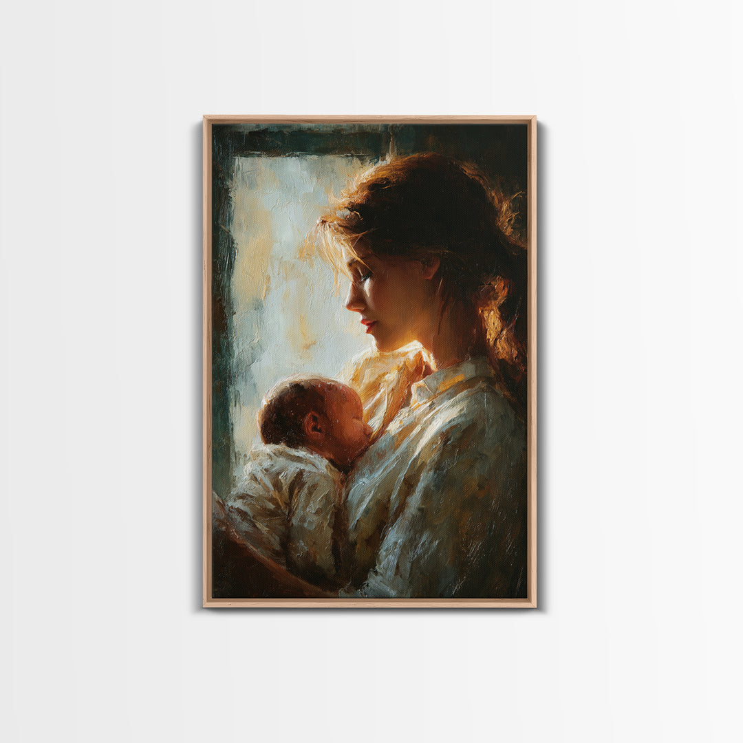 Backlit Mother Cradling Newborn By Window Framed Canvas Print, Romantic Wall Art, New Mom Gift, Moody Bedroom Decor Print
