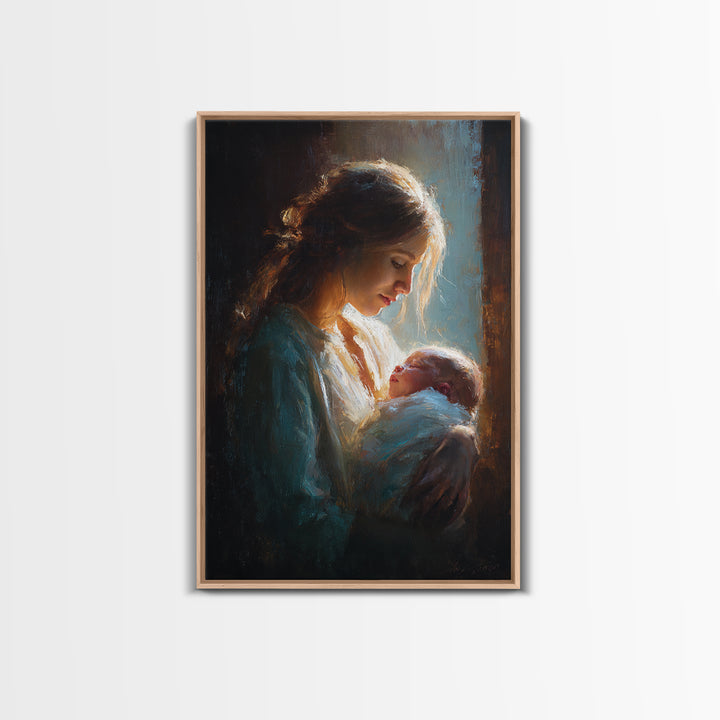 Radiant Mother Gazing At Newborn In Shadow Canvas Print, Moody Wall Art, Spiritual Gift, Nursery Decor, New Mom Gift Print