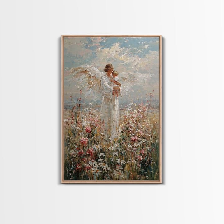 Guardian Angel Holding Baby In Wildflower Meadow Wall Art, Christian Nursery Decor, Motherhood Gift, Framed Fine Art Print